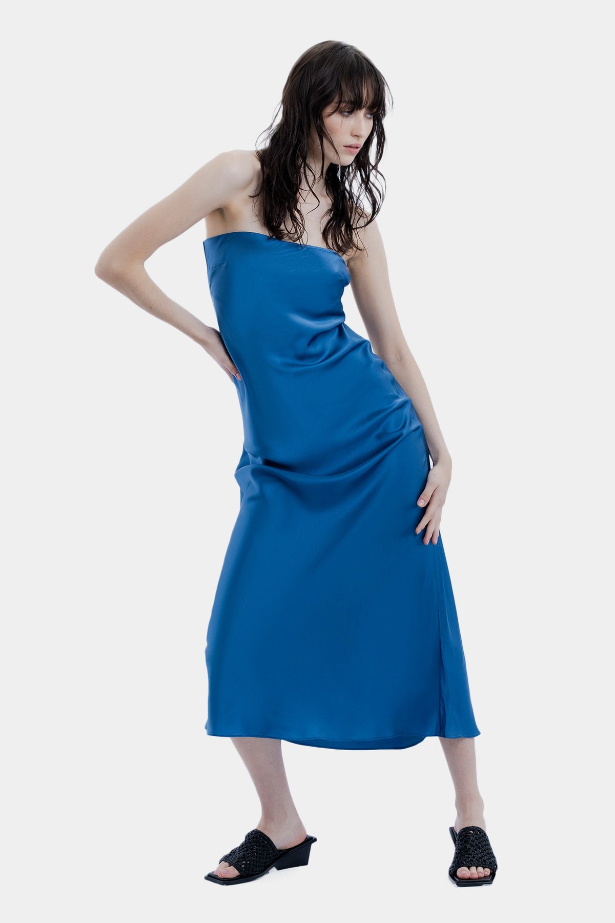 The Strapless Bias Midi Dress By GINIA In Storm